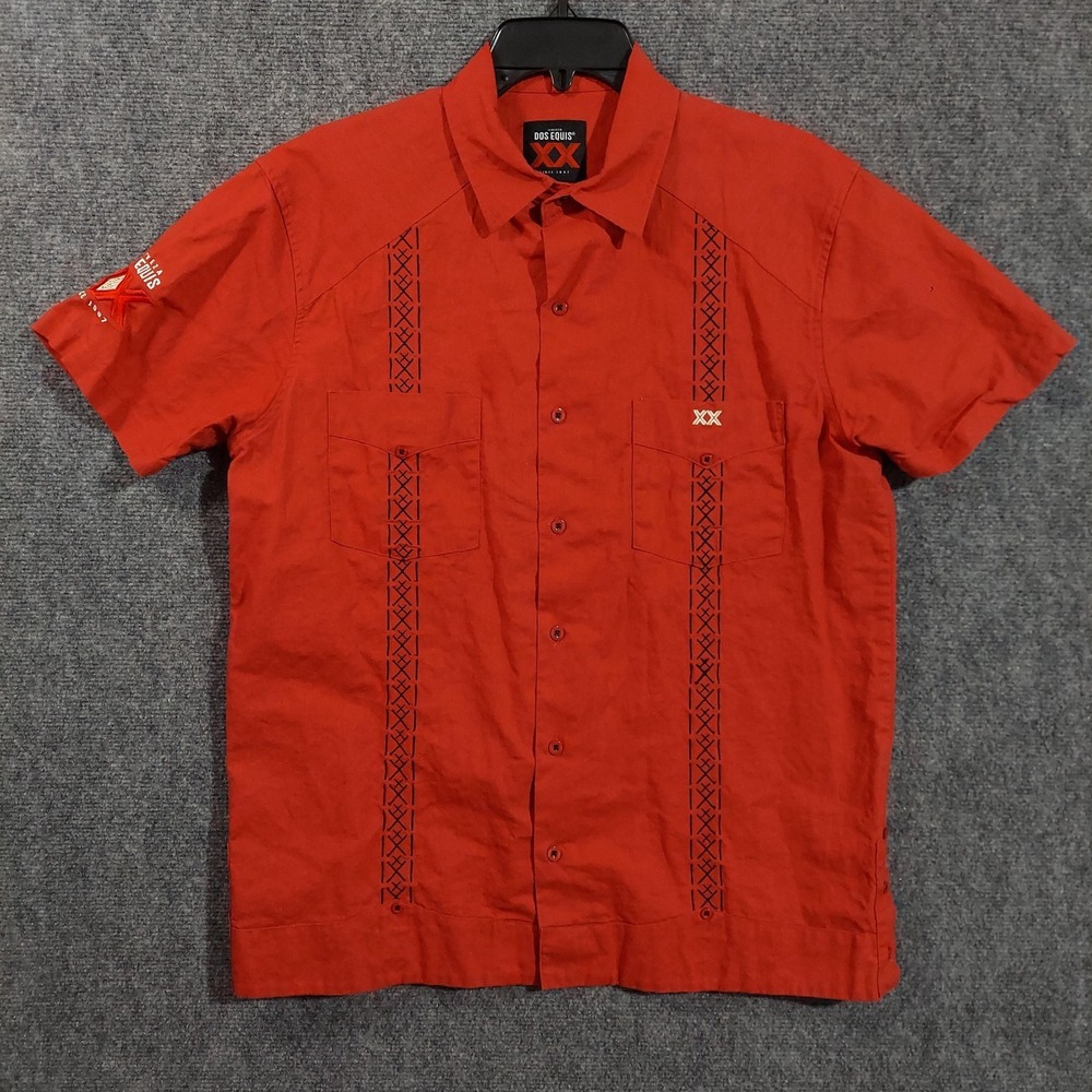 Dos Equis Shirt Mens Small Red Linen Blend Short Sleeve Embroidered Beer Cerveza